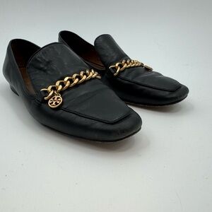 Black Leather Womens Tory Burch Loafers with Gold Chain Detail